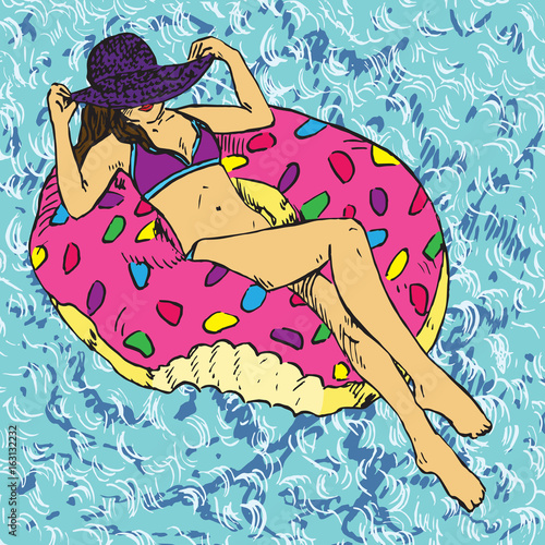 Portrait of sexy girl in purple hat and bikini sunbathing on pink donut inflatable ring, blue clean water waves background, hand drawn doodle, sketch in pop art style, color vector illustration