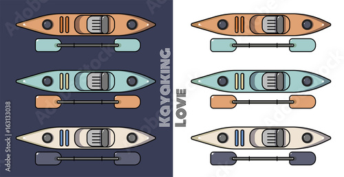Set of different coloured kayaks, canoes, on light and dark background.