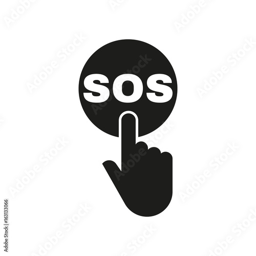 Hand pressing a button with the text SOS icon. Support, assistance, maintenance, help, 911 symbol. Flat design. Stock - Vector illustration
