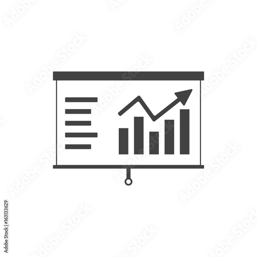 Screen for projector with diagram and bar charts with arrow in it. Flat style icon. Vector illustration