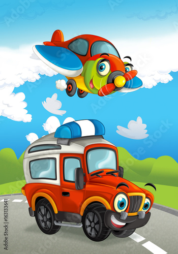 cartoon happy traditional offroad truck and plane smiling and flying over