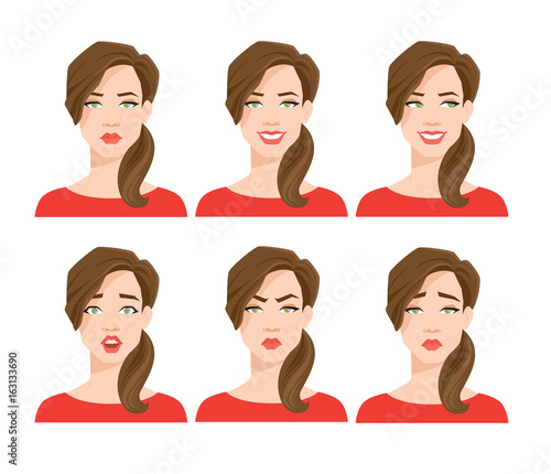 Collection of woman's emotions. Vector illustration of variations of facial expression. 
