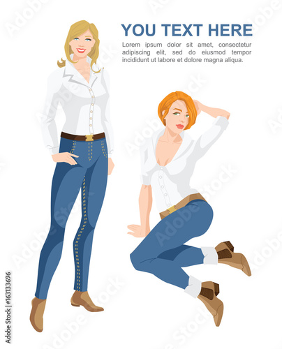 vector illustrations of young girls in blue jeans and white blouse. Blonde woman standing and redhead woman sitting