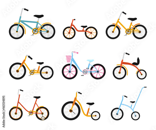 Various kids bikes collection. Colorful bicycles with different frame types. Vector flat illustration set.