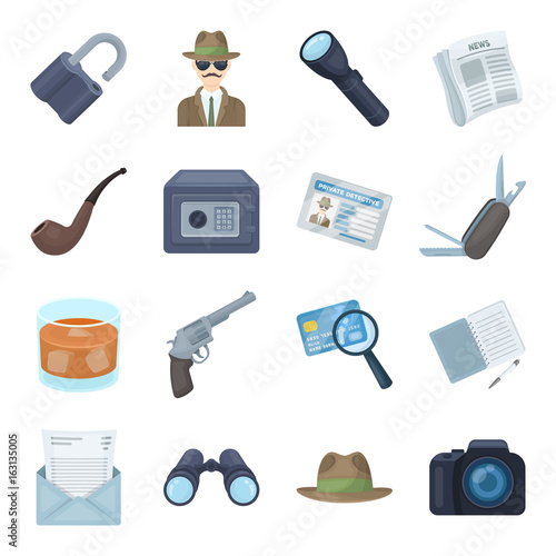 Pistol, tube, identification, magnifier and other attributes. Detective set collection icons in cartoon style vector symbol stock illustration web.