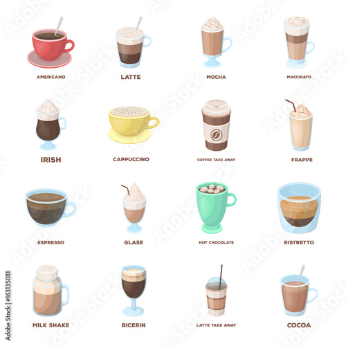And other varieties of coffee.Different kinds of coffee set collection icons in cartoon style vector symbol stock illustration web.