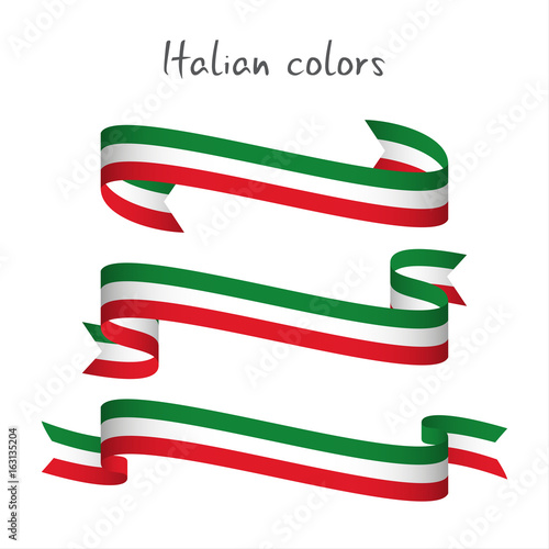 Set of three modern colored vector ribbon with the Italian tricolor isolated on white background, abstract Italian flag, Made in Italy logo