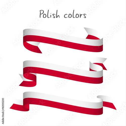Set of three modern colored vector ribbon with the Polish colors isolated on white background, abstract Polish flag, Made in Poland logo