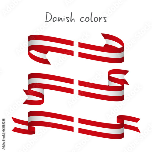 Set of three modern colored vector ribbon with the Danish colors isolated on white background, abstract Danish flag, Made in Denmark logo