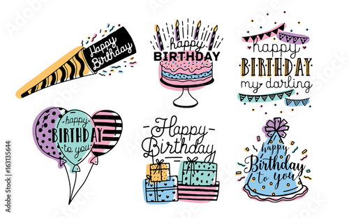 Cute happy birthday greetings inscriptions design collection. Colorful hand d...