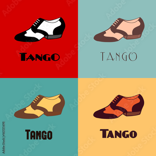 Hand drawn argentine tango dancing shoes poster with alternatively colored set of men shoes in vintage colors, with word tango.