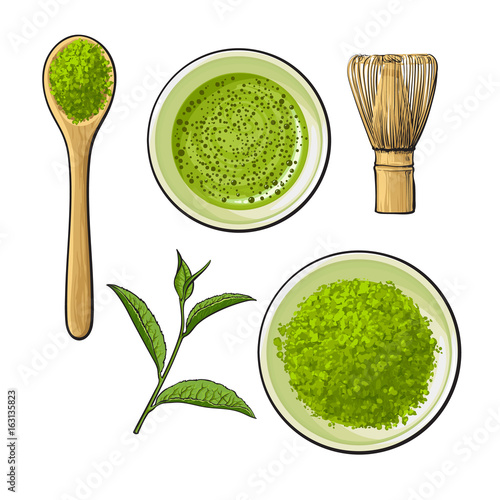 Top view set of matcha powder bowl, wooden spoon and whisk, green tea leaf, sketch vector illustration isolated on white background. Realistic hand drawing of matcha green tea preparation accessories