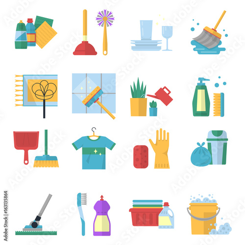 Vector symbols of cleaning services in cartoon style. Brush, dust and bucket