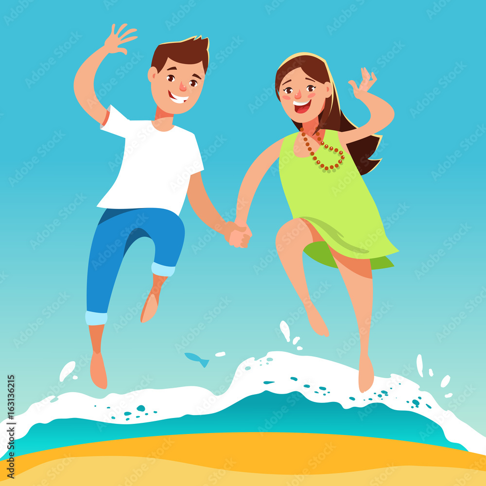 Happy young couple guy and his girlfriend running hand in hand on the beach . Summer vacation and beach holidays in cartoon style.