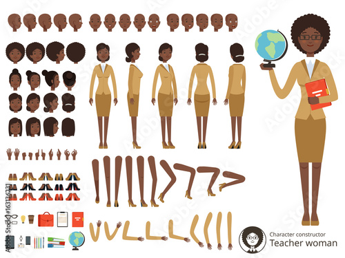 Vector constructor of female character. Afroamerican teacher pointing. Vector different body parts and elements set