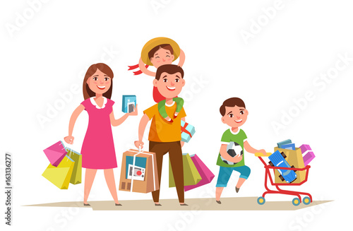 Happy family walking with shopping bag in in hands and doing shopping isolated. Father mother and child purchase cartoon style.