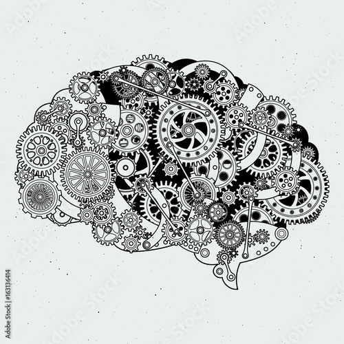 Clock mechanism in human brain. Different cogwheels of steel. Vector hand drawn illustrations