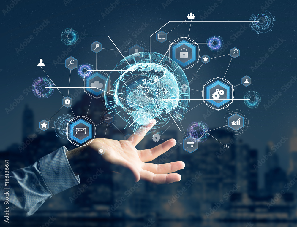 International business network connection displayed on a futuristic interface with technology icon and sphere globe - Worldwide business concept International business network connection displayed on a futuristic interface with technology icon and sphere globe - Worldwide business concept