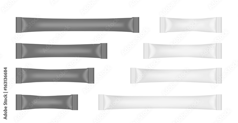 White and black disposable packaging for snacks, food, sugar and spices White and black disposable packaging for snacks, food, sugar and spices