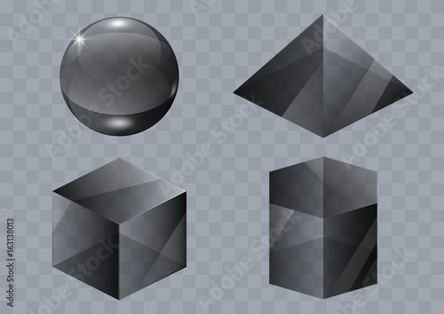 Set of black glass forms of a pyramid, a sphere and a cube. Vector graphics with transparency effect