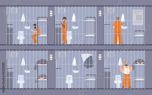 Colorful illustration featuring prisoners behind the bars. People in orange uniform. escape get out through wall in cell. Prison inmates. Flat cartoon vector.