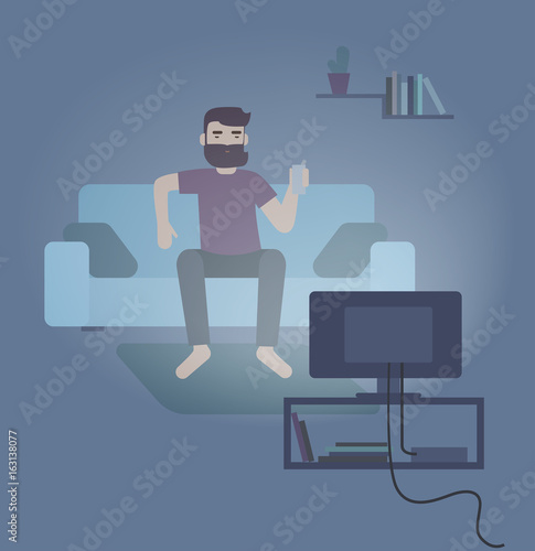 Colorful vector illustration featuring man sitting on a sofa and watching TV at night. Flat vector illustration.