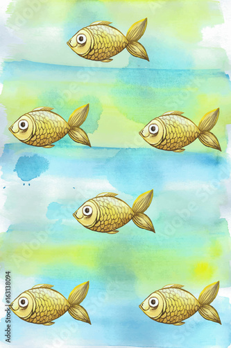 Painted watercolor background of a blue hue with small yellow, goldfish