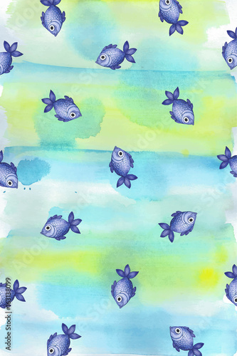 Painted watercolor background of a blue hue with small serene, purple fish