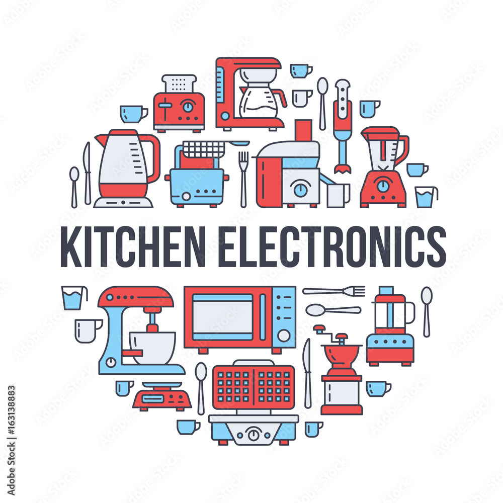 Kitchen small appliances equipment banner illustration. Vector line icon of  household cooking tools - blender, mixer, food processor, coffee machine,  microwave, toaster. Electronics circle template. Stock Vector | Adobe Stock