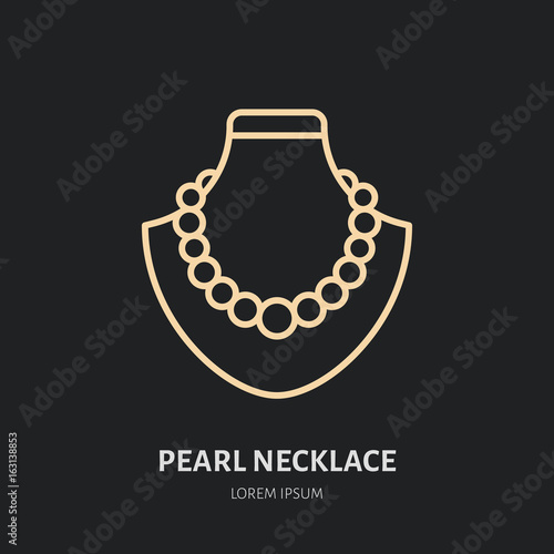 Pearl necklaces on dummy illustration. Jewelry flat line icon, jewellery store logo. Jewels accessories sign.