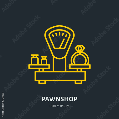 Ring on scales in pawnshop illustration. Jewelry flat line icon, pawn shop logo. Jewels buying sign.