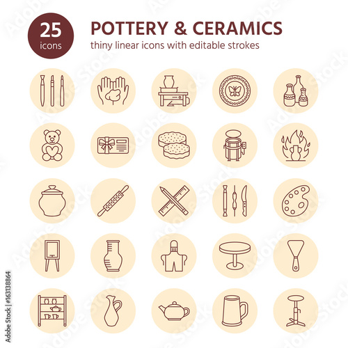 Pottery workshop, ceramics classes line icons. Clay studio tools signs. Hand building, sculpturing equipment - potter wheel, electric kiln, tools. Thin linear signs for art shop.