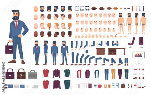 Businessman character constructor. Male clerk creation set. Different postures, hairstyle, face, legs, hands, accessories, clothes collection. cartoon illustration. Guy, front, side, back view.