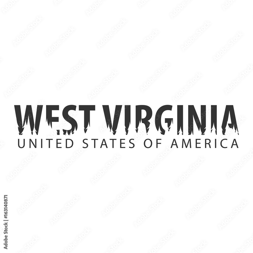 West Virginia. USA. United States of America. Text or labels with silhouette of forest. West Virginia. USA. United States of America. Text or labels with silhouette of forest.