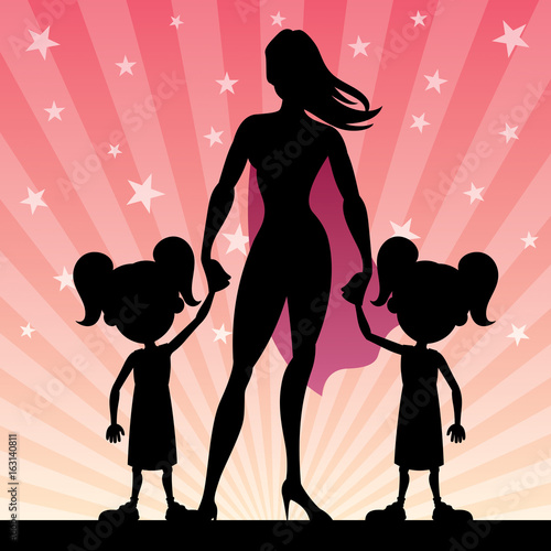 Super mom with her twin little girls. 