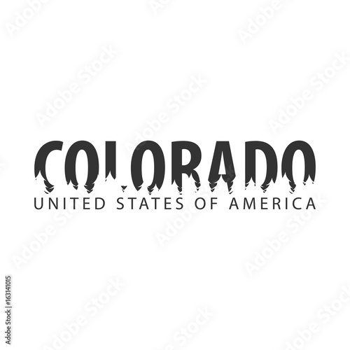 Colorado. USA. United States of America. Text or labels with silhouette of forest.