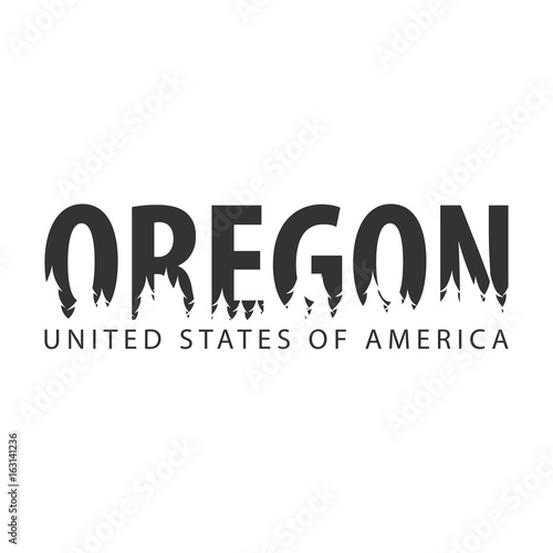 Oregon. USA. United States of America. Text or labels with silhouette of forest. photo