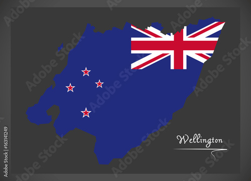 Wellington New Zealand map with national flag illustration