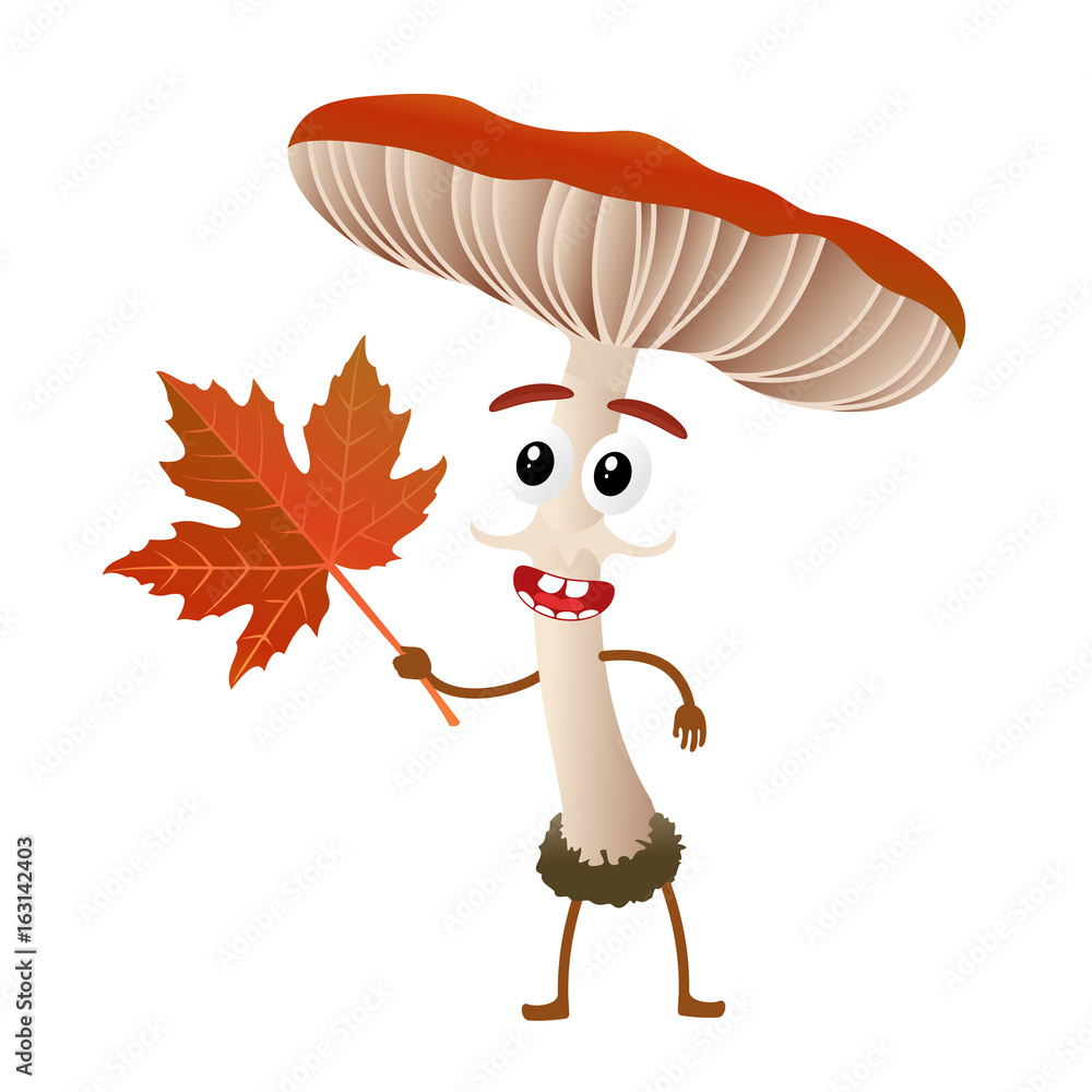 Funny mushroom russule character, mascot, cartoon vector illustration  isolated on white background. Humanized, childish mushroom with smiling  faces, arms and legs. Autumn, fallen leaves, dry grass. Stock Vector |  Adobe Stock