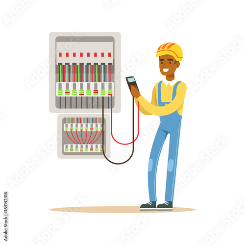 Electrician engineer measuring the voltage output in fuse box, electric man performing electrical works vector Illustration
