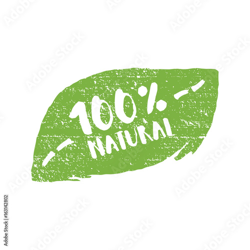 Hundred percent natural product letters in grunge leaf background. Vector logo illustration