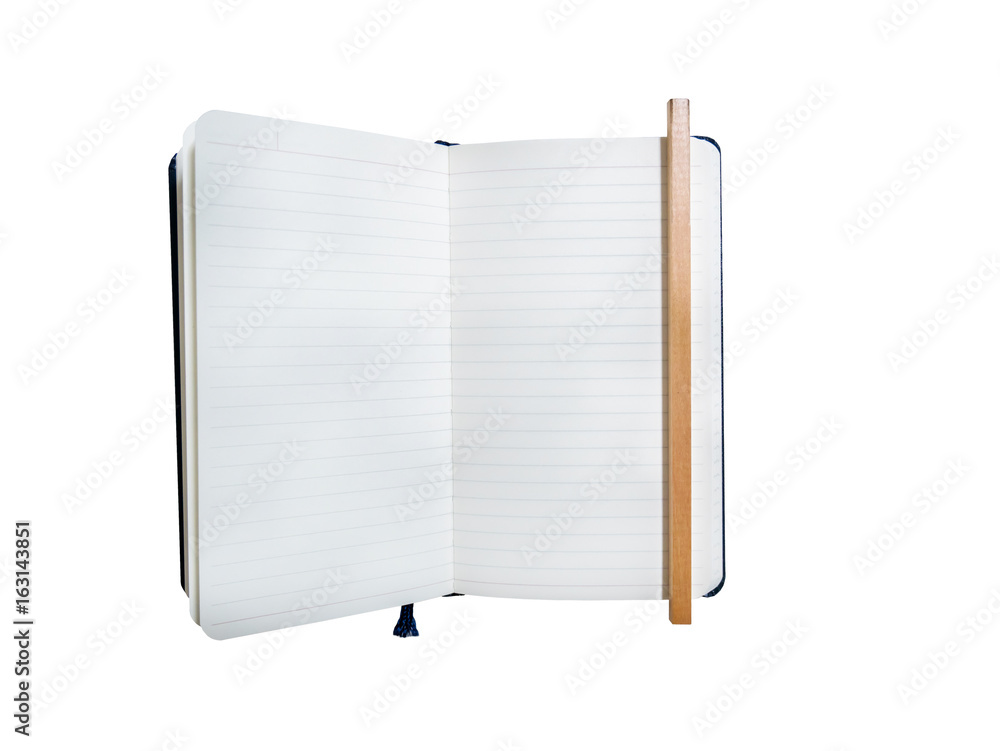 top view of blank notebook and new wood pencil with isolated background top view of blank notebook and new wood pencil with isolated background