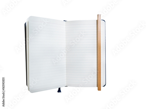 top view of blank notebook and new wood pencil with isolated background