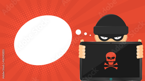 A cartoon hacker is holding a broken tablet in his hands. Empty cloud for text. Red skull on the screen. High-tech computer. Cartoon style