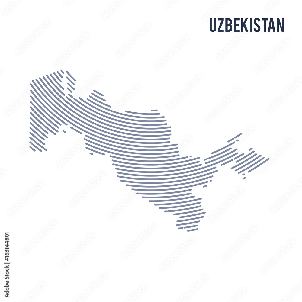 Vector abstract hatched map of Uzbekistan with curve lines isolated on a white background.