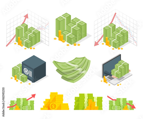 Big set of money icons. Piles dollars and coins. Isometric vector illustration