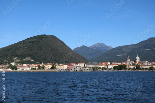 Holidays at Lake Maggiore in summer, view to Intra Verbania from the car ferry, Italy