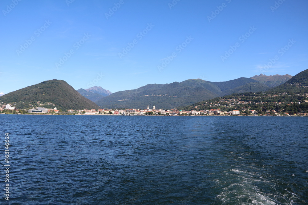 View from car ferry to Intra Verania at Lake Maggiore in summer, Piedmont Italy