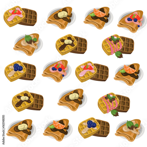 Pancakes and waffle set chocolate syrop and banana and fruits flavor Vector icon template retro style dotted background