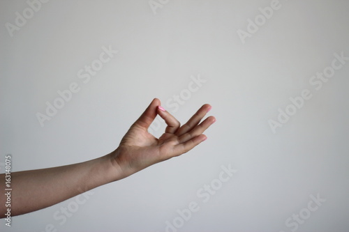 Young woman's hands isolated on light gray background keeps something. Gesture
